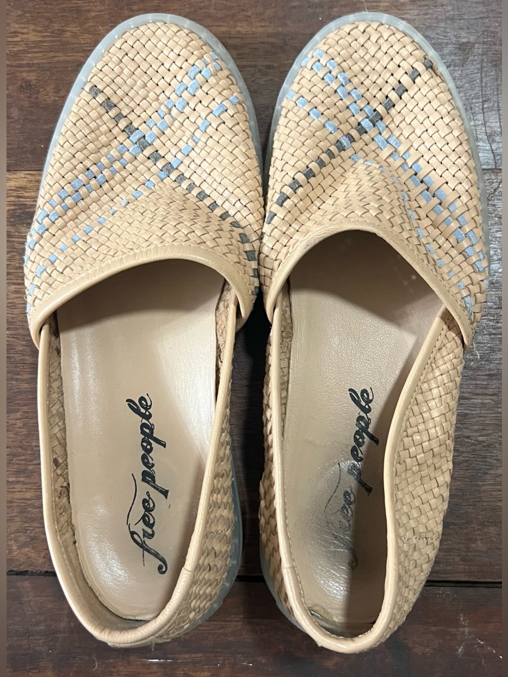 Free People Santorini Woven Tan Flats w/ Light Blue Accents, size 38/7.5 or 8.